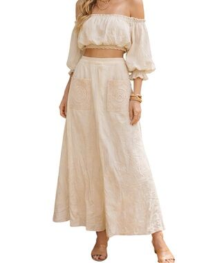 Zara Cream Boho Midi/Maxi Skirt with Crochet Patch Pockets size M romantic